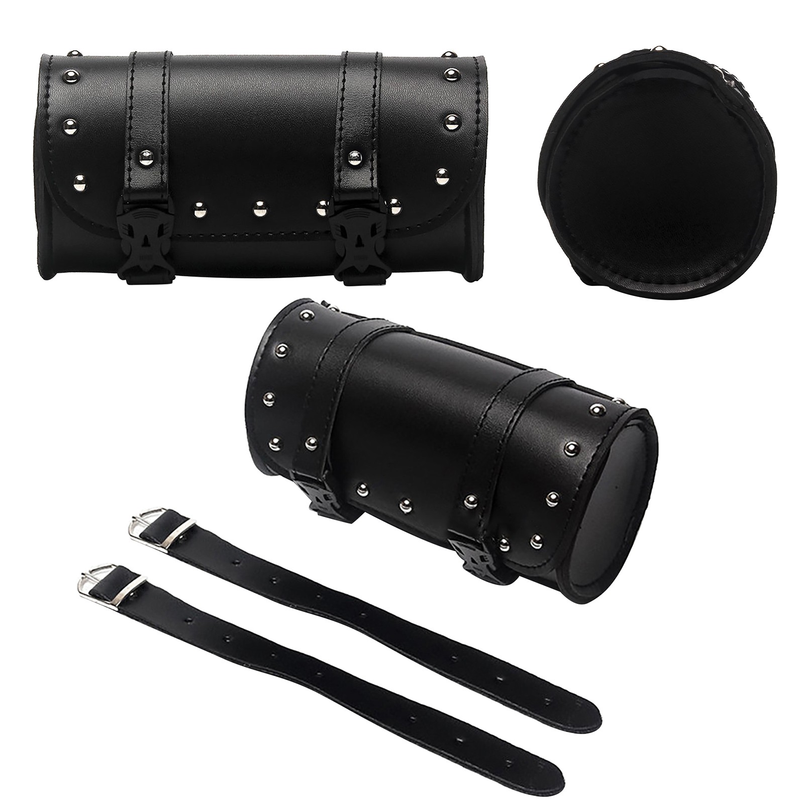 Clearance Sale!Motorcycle Handlebar Bag Saddlebags Pu Leather Handmade Motorcycle Fork Bag Roll Durable Storage Tool Pouch With Straps For Men Women,Black Equipment Package